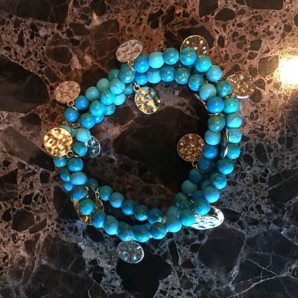 THREE STRAND Blue & Gold Coin Bracelet - Picture 1 of 4